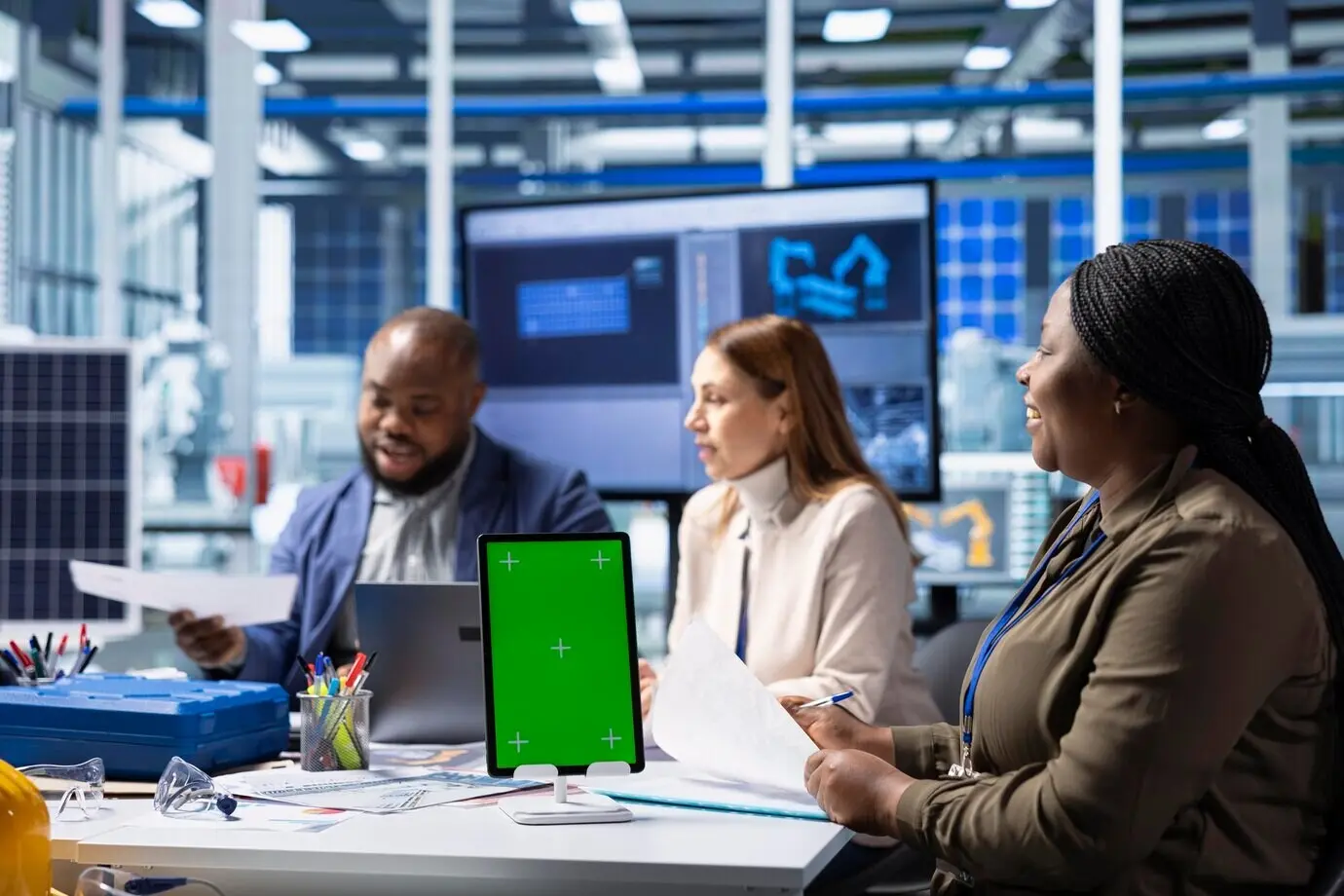 Техники фотовольтаического завода используют планшет с изолированным экраном для проведения исследований.