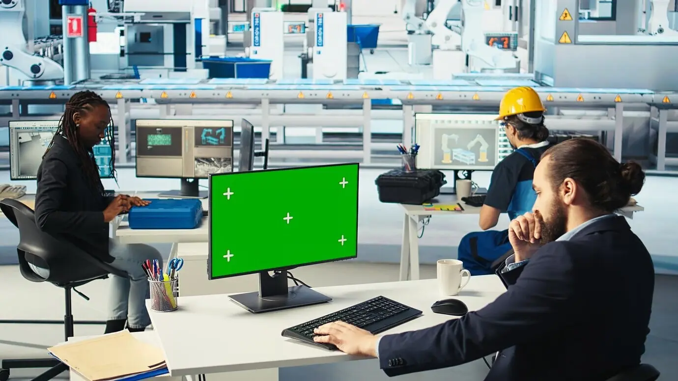 Сотрудник фотовольтаического завода контролирует производительность системы на компьютере с зелёным экраном.