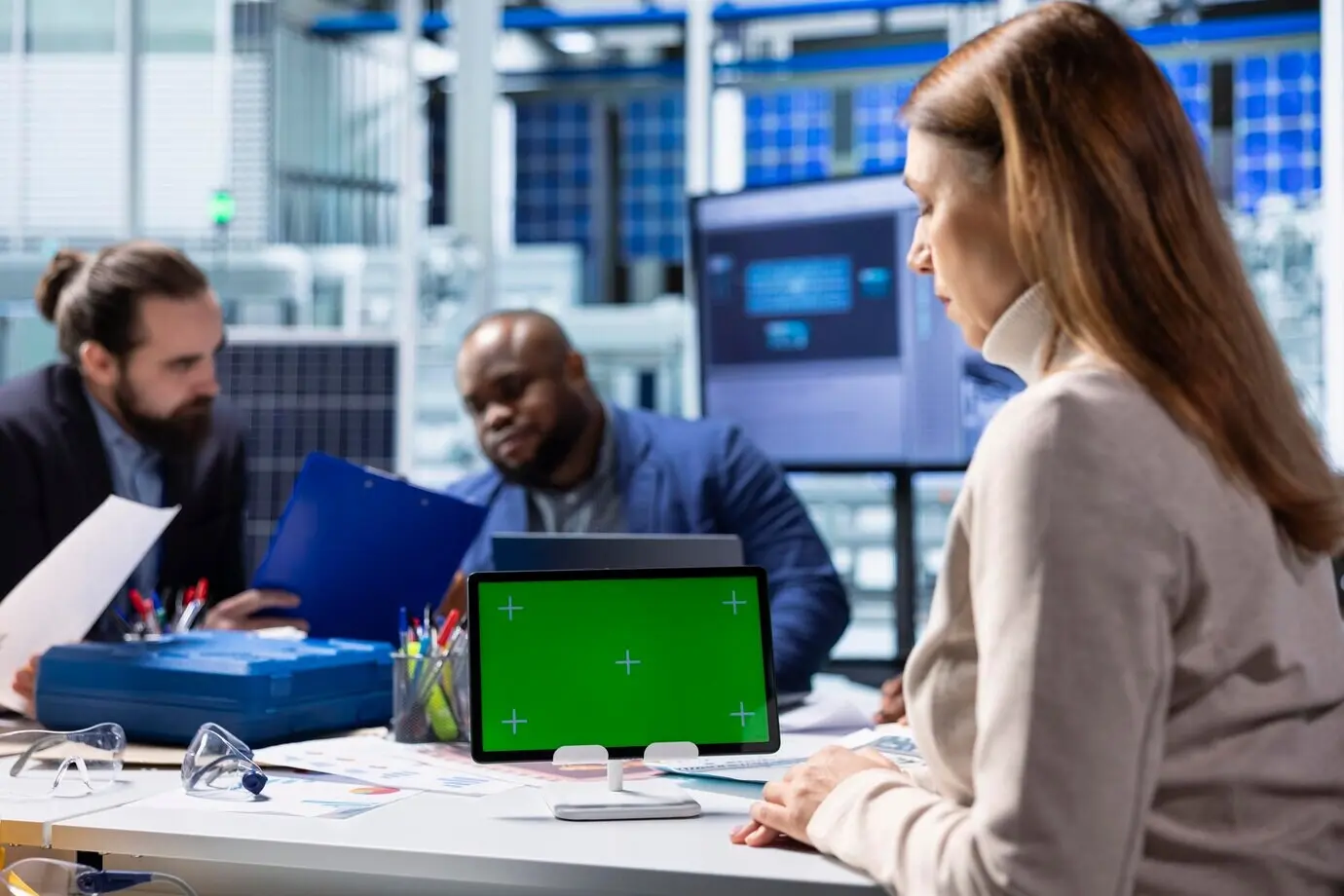 Специалист завода по производству солнечных панелей использует хромакейный планшет для изучения энергетических систем.